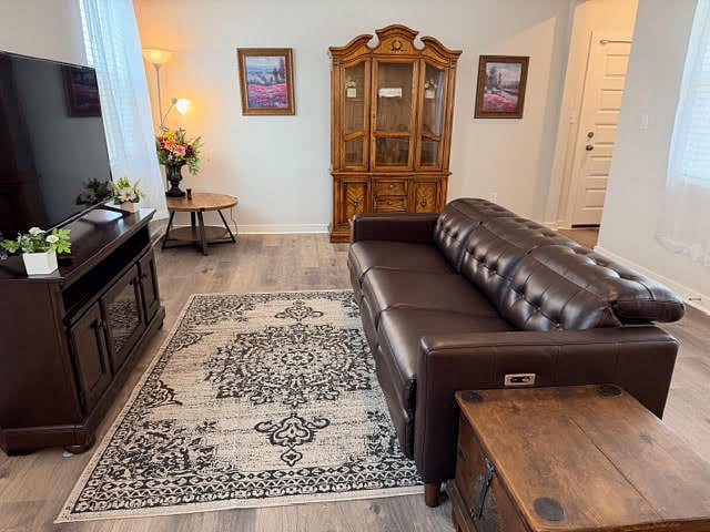 Shared Living room fully furnished and open to kitchen and dining area. Ceiling fan with lights, lots of windows with 2" faux blinds and window coverings.