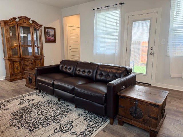 Shared Living room fully furnished and open to kitchen and dining area. Ceiling fan with lights, lots of windows with 2" faux blinds and window coverings.