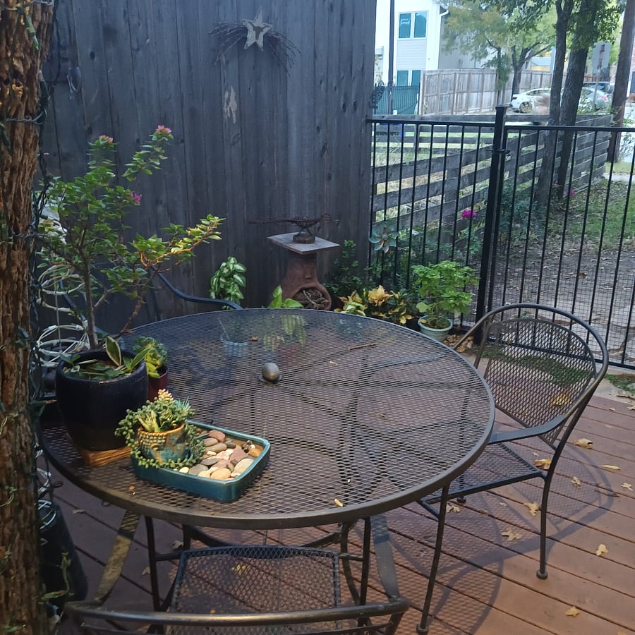 This side deck is another area for quiet thoughts or people watching. It's wonderfully shaded by a massive heritage oak tree. This deck also has bistro lights for night use.