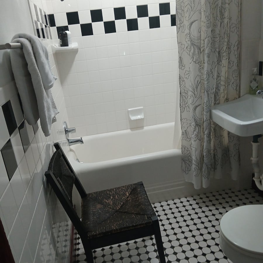 Bathtub with shower head. Skylight over bathtub provides natural bright light.