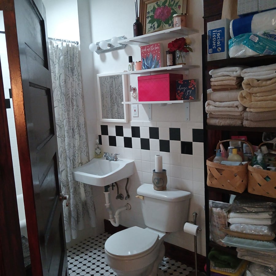 Medicine cabinet with mirror over sink. Metal standalone shelving for ample storage of linens.
