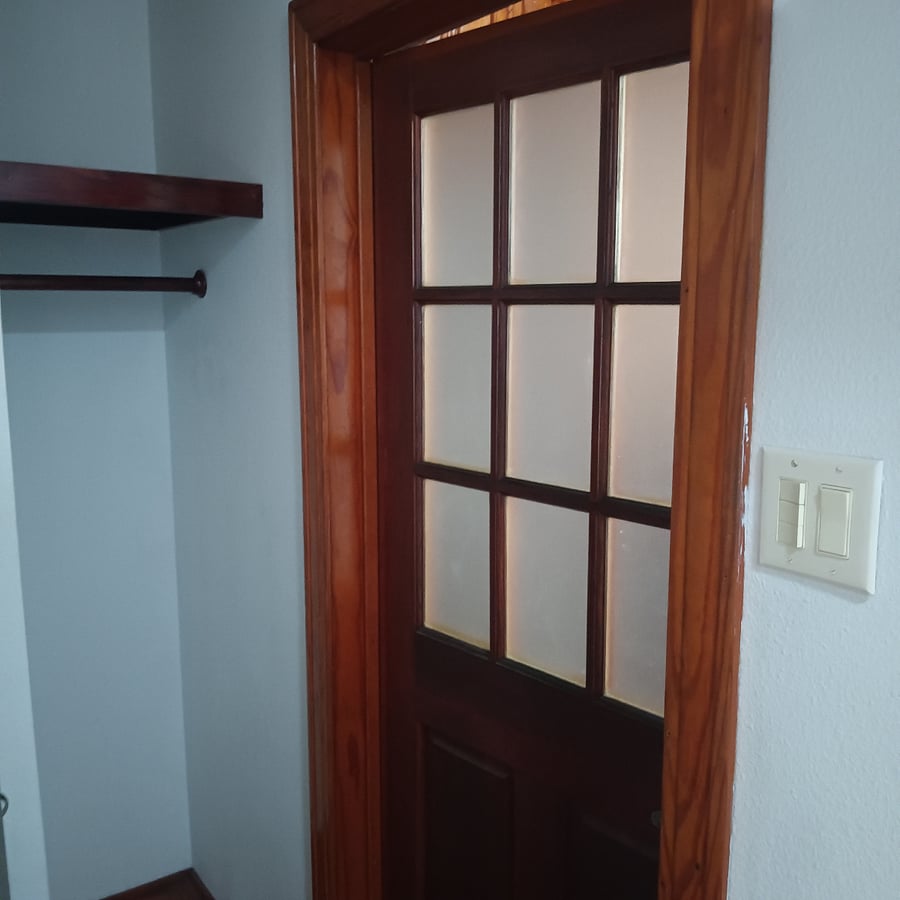 Bath door with frosted glass panes leading into the bedroom.