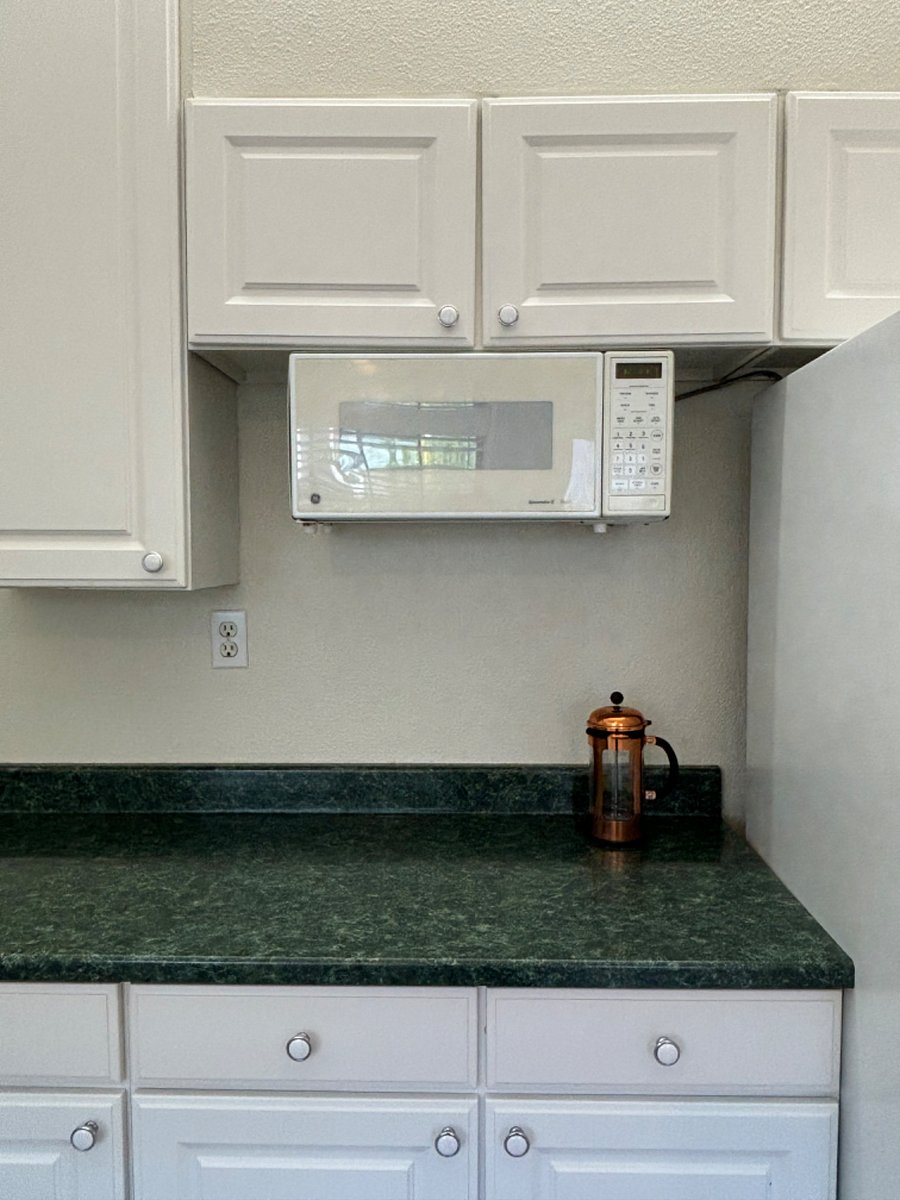 Microwave and Bodum Coffee Pot