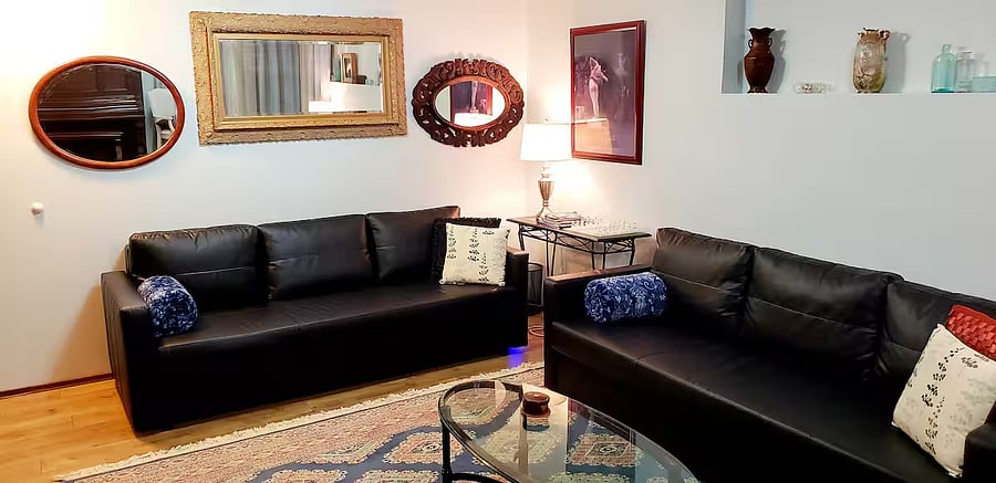 Living room: 2 fold-down sofas that make beds. Bedding kept underneath seat.