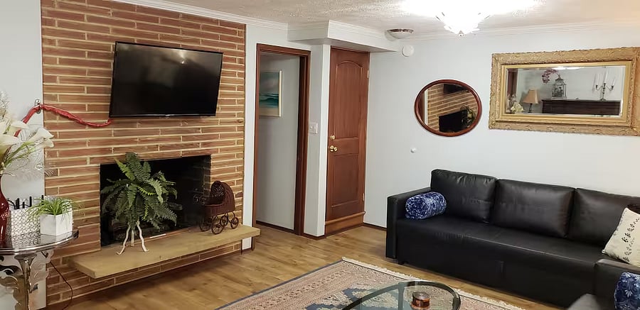 Living room fireplace, TV, door leading to the kitchen and bedroom areas.