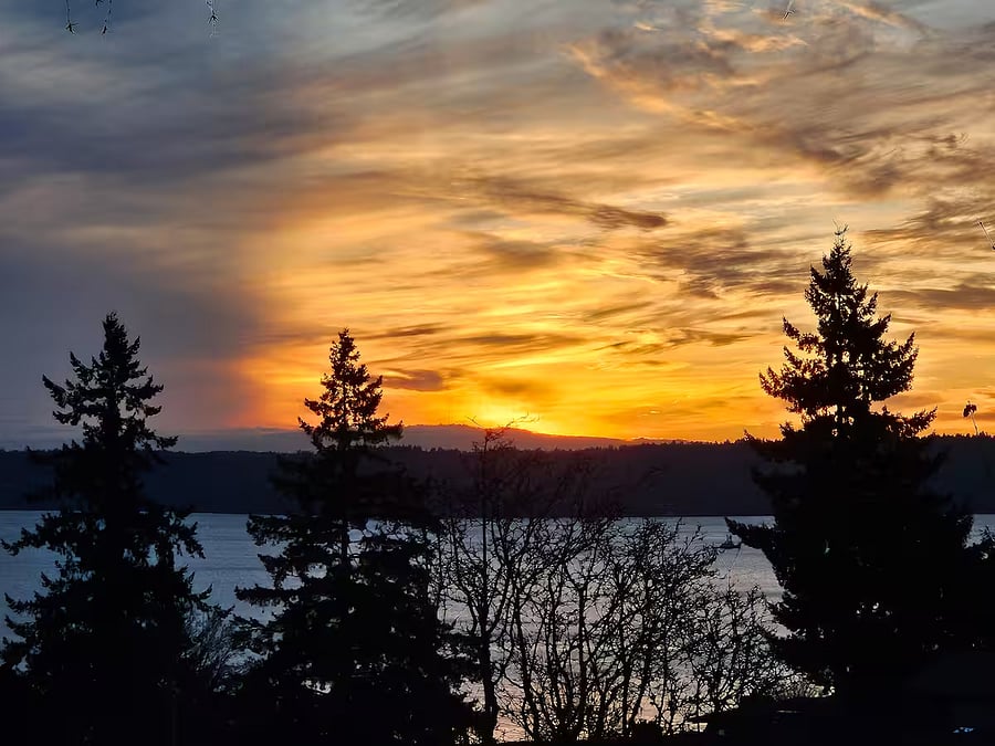 Lower elevation view of water view at sunset.