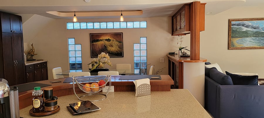 Formal Dining Room with Custom Lighted Cabinets and Dry Bar