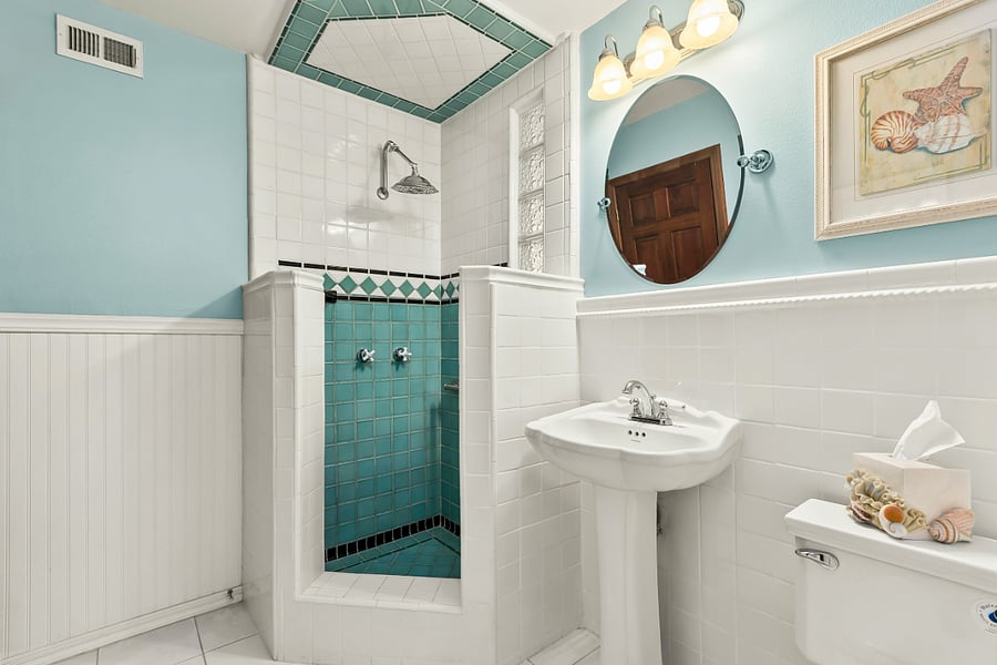 Doheny tile Design with Step-In Shower in 3rd BR downstairs Greatstairs. Great for guests in FR.