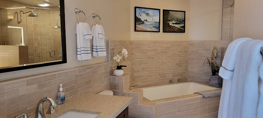 Primary Bath Suite with Dual Head Walkin Shower, large separate deep soaking tub and Vanity
