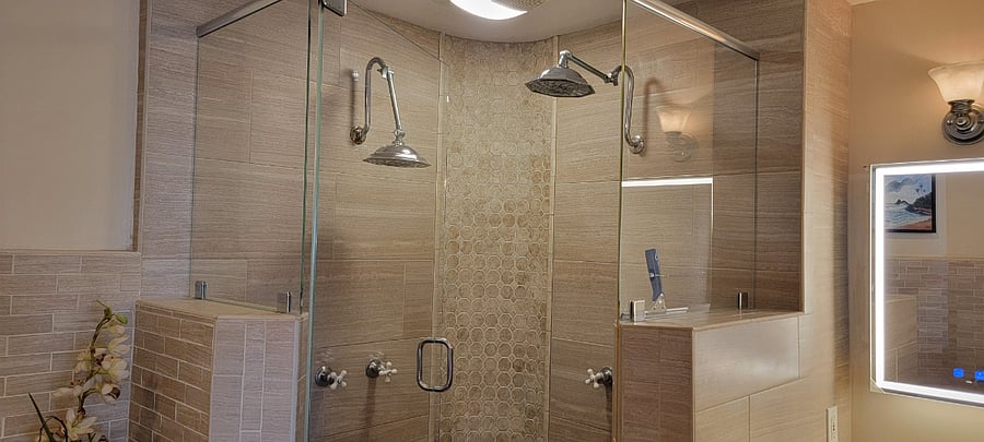 Separate deep soaking tub and dual head shower