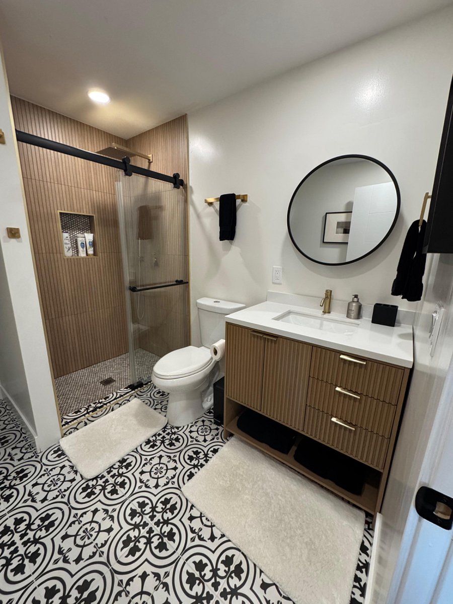 Newly remodeled bathroom with custom shower stall, tile, etc. This bathroom is on the bigger side.