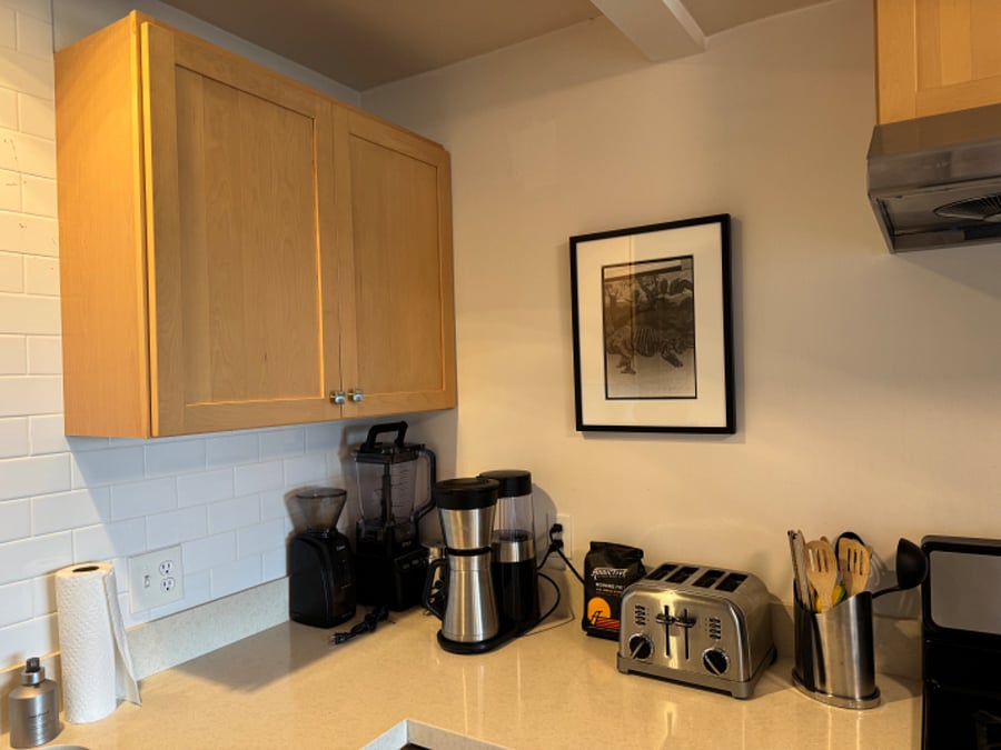 Kitchen supplies, including our favorite coffee maker and burr grinder.