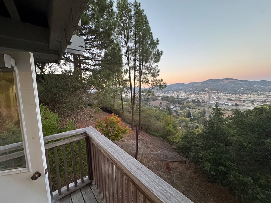 Pine trees and the sunset looking NW towards the Mission and Ross Valley... the lot to the West of us is vacant, making it feel even more quiet and private.