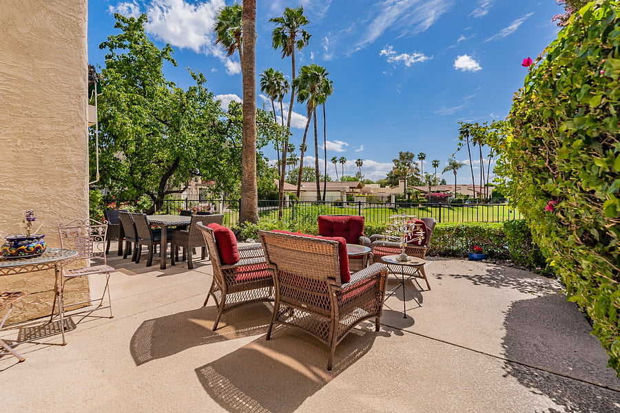 Outdoor backyard patio overlooking lake