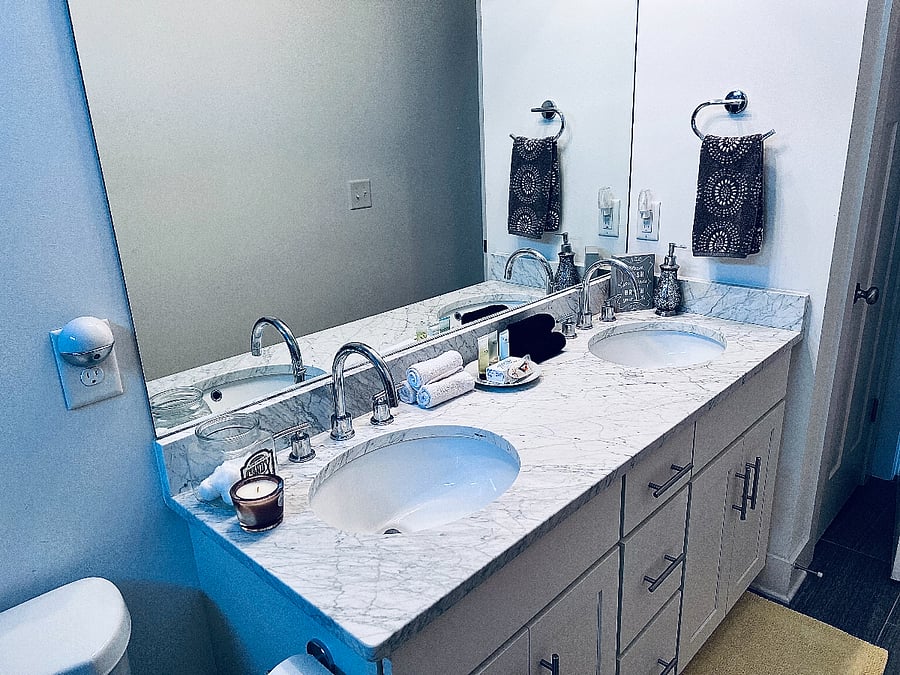 Another view of 2nd floor bathroom with shower and double vanity