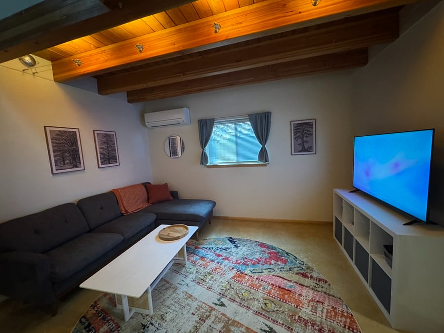 living room with 55" smart tv (roku) and mini-split heating and cooling