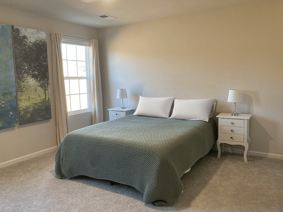 Master Bedroom with brand new queen mattress, frame, blackout cellular shades and curtains for the windows.