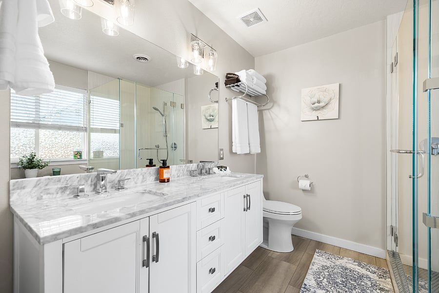 Master en suite bathroom, spa-like step in shower with starter supplies. Shampoo/Conditioner, hand and body soaps, make-up wipes, flushable wipes, q-tips, and flossers.