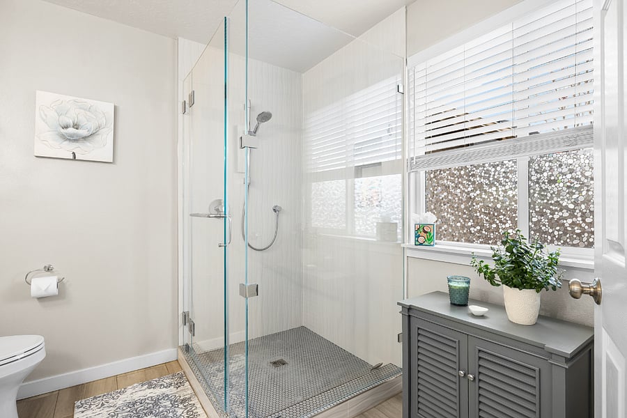 Master en suite bathroom, spa-like step in shower with starter supplies. Shampoo/Conditioner, hand and body soaps, make-up wipes, flushable wipes, q-tips, and flossers.