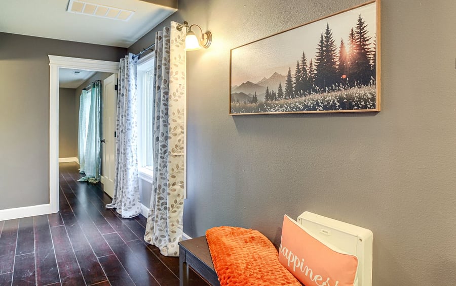 Hallway to main bath and guest bedroom.  Bedrooms are very large. Can fit a desk and dresser plus king beds.
