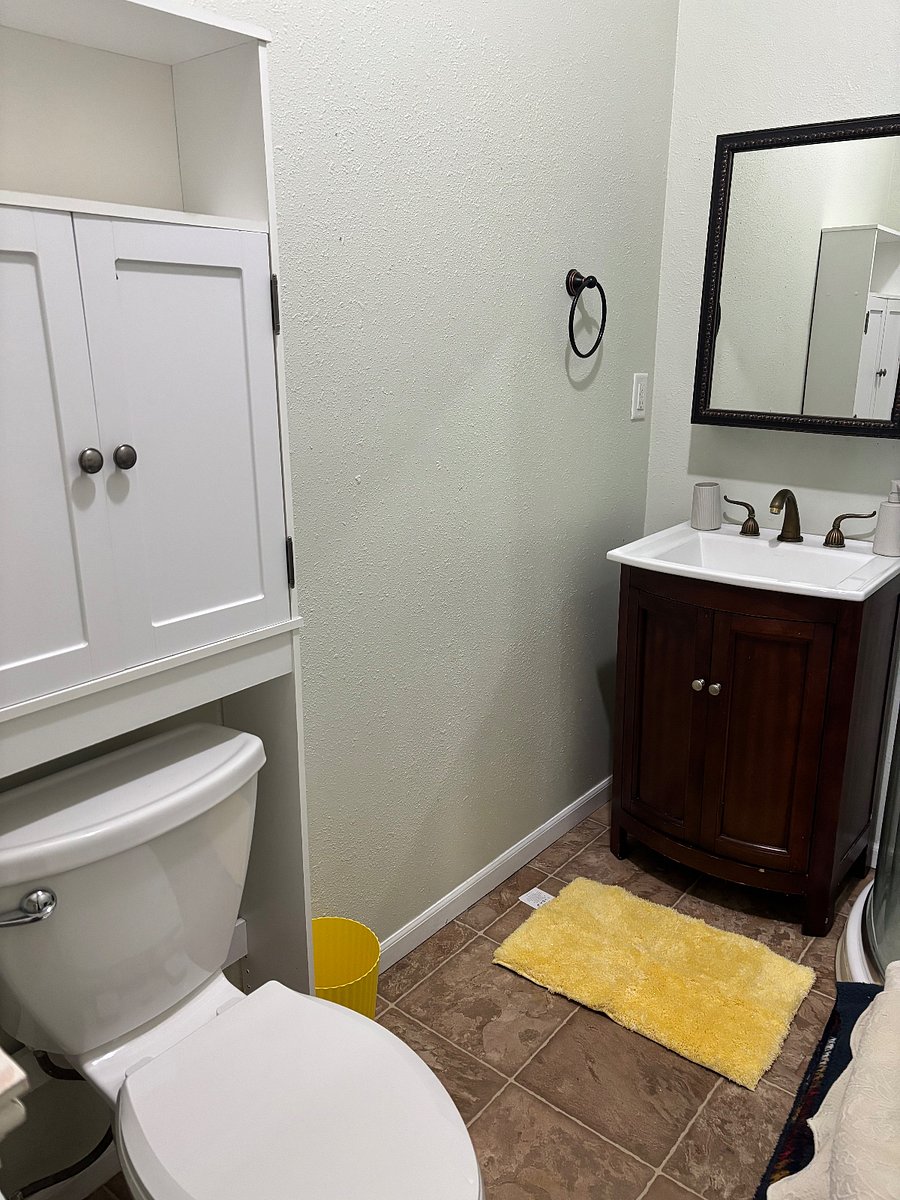 Bathroom vanity and storage over toilet.