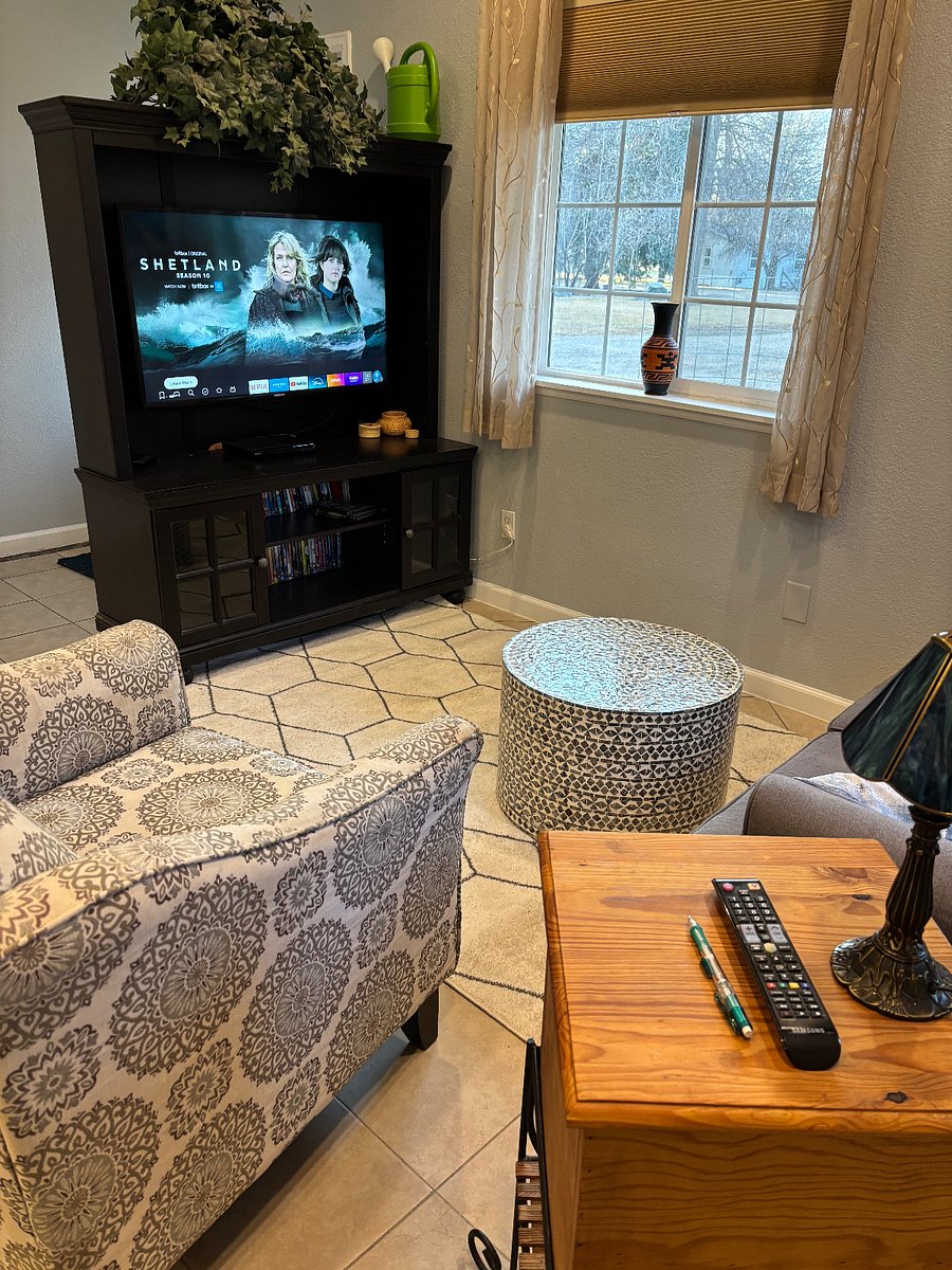 Living area with TV, side chair