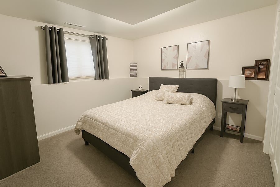 Cozy queen-size bedroom with soft linens, plush pillows, a dresser for storage, and a nightstand with charging space for your electronics. A comfortable, quiet spot to relax and unwind during your stay.