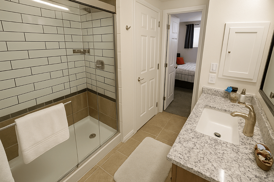 This clean full bathroom offers a bright and simple space with a walk-in shower, fresh towels and essential toiletries. It provides a comfortable place to get ready for the day or unwind before heading to bed.