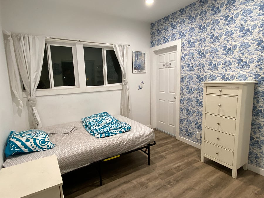 Master Bedroom with Full size Bed and Huge private bathroom, regular size closet, a dresser and night stands 