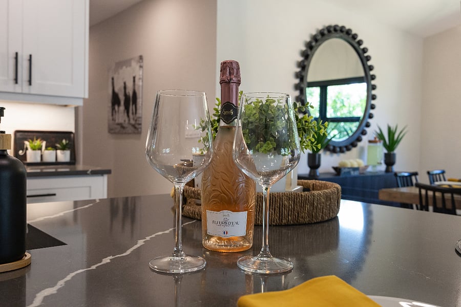 Glasses on the island, set for easy dinners and celebrations!