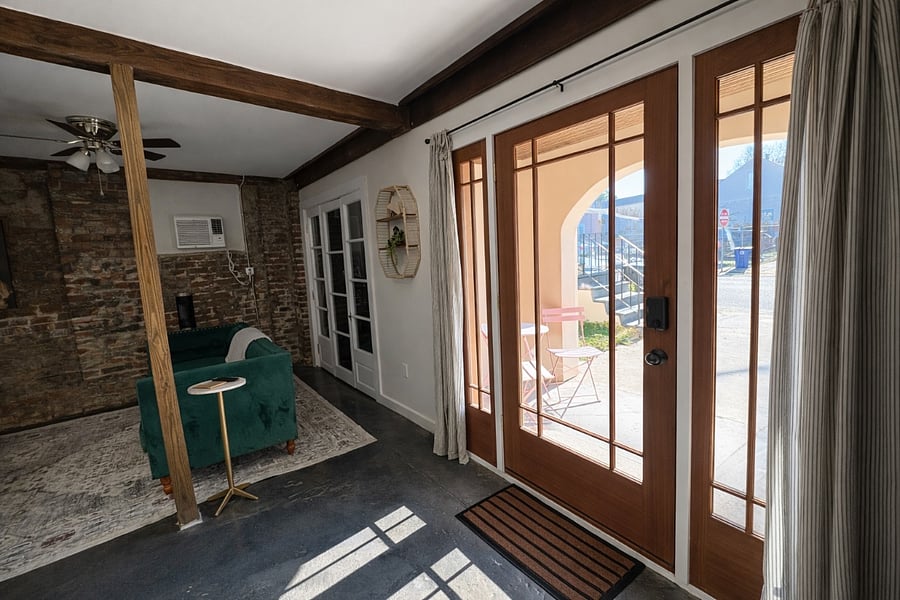 Entry area and office/storage in the corner to the right. Curtains can close for full privacy.