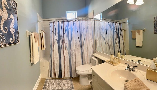 The guest bathroom is comfortably large, with shower and tub. Great water pressure throughout the house.