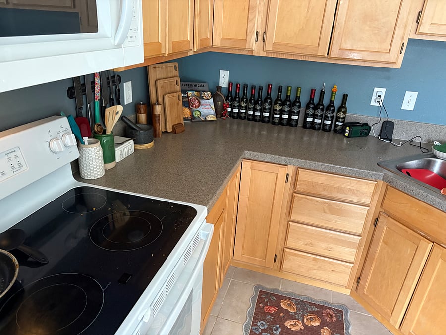 Thats not wine in the background-- it's my collection of infused balsamic and olive oils!  :)