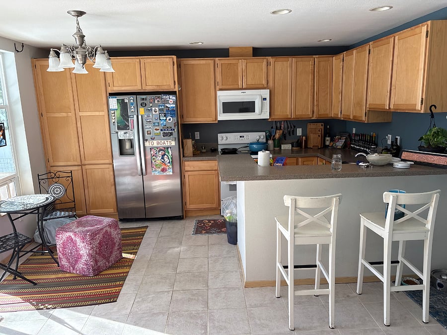 Kitchen is turning out awesomely. A lil narrow for two but that's why I got the barstools. To the left of the microwave is a dedicated coffee and tea cupboard.  The water purifier on the fridge actually works and is delicious! (I'm kinda a water snob so this makes me very happy).