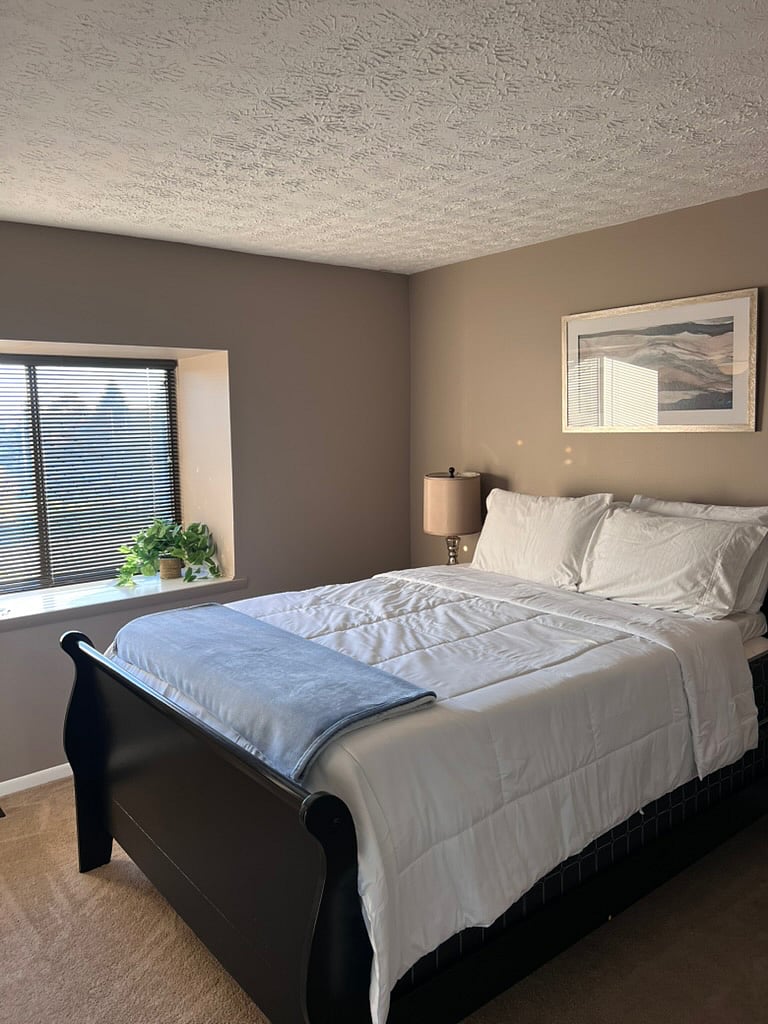 primary bedroom with smart tv half bath and walk in closet