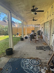 Outdoor grill and seating areas.