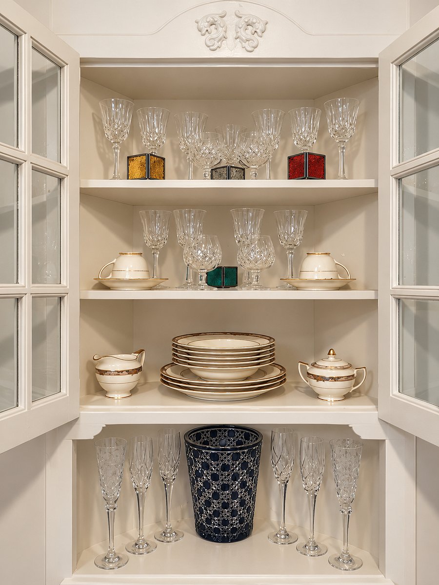Lovely built in China cabinet with crystal glasses and fine China