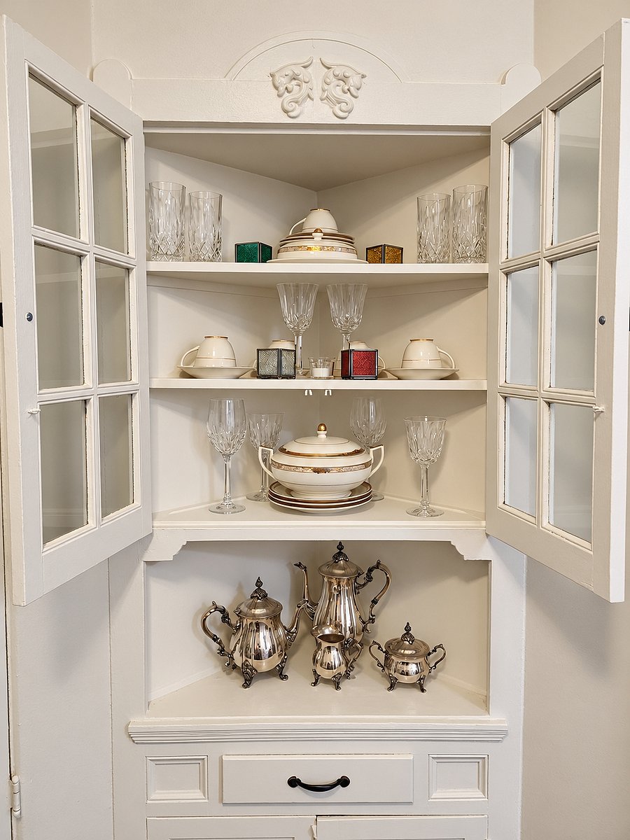 Lovely built in China cabinet with crystal glasses and fine China