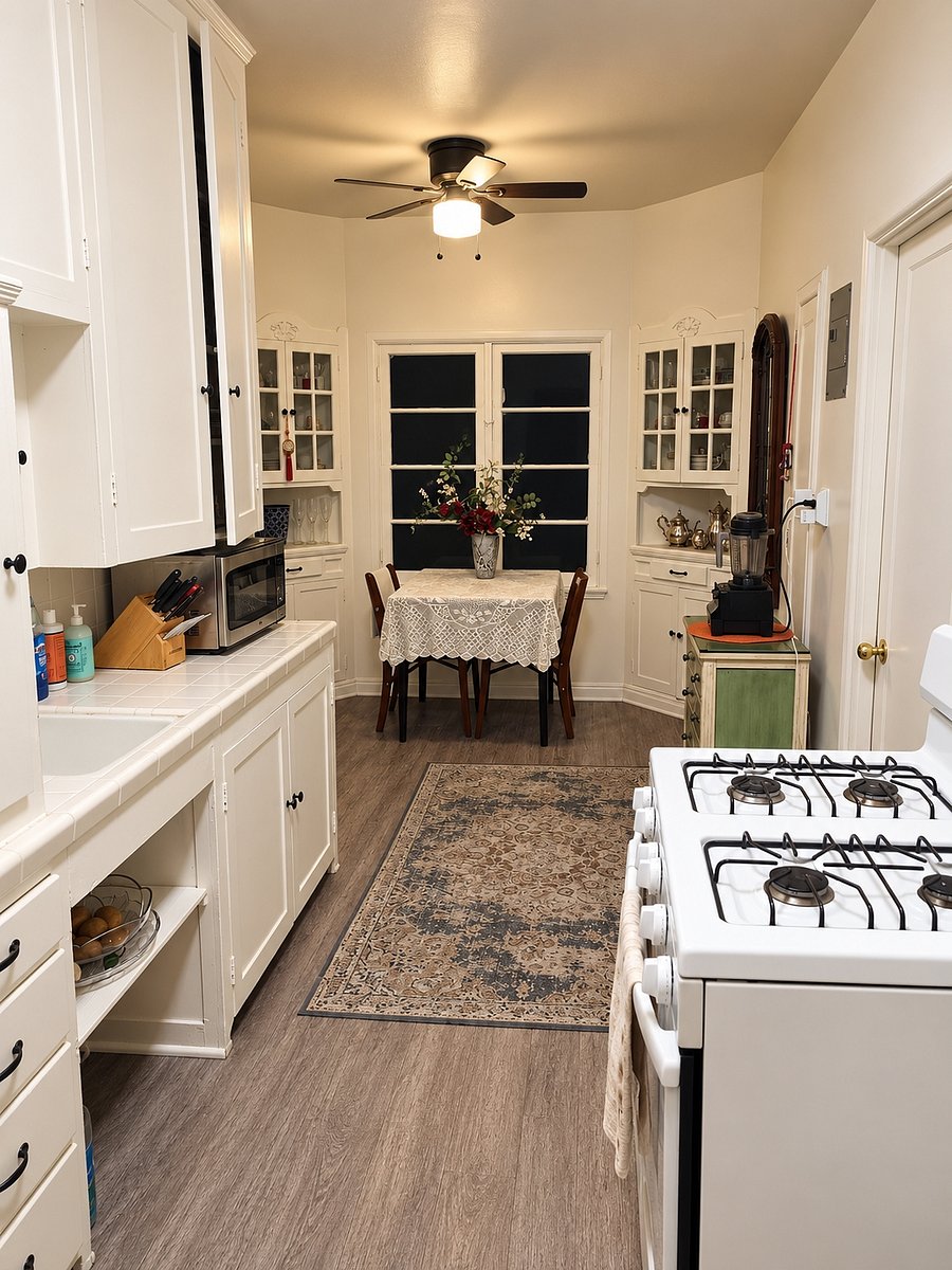 Fully equipped kitchen has a microwave, electric skillet, pancake maker, fridge, electric blender, fine China, crystal glasses...
