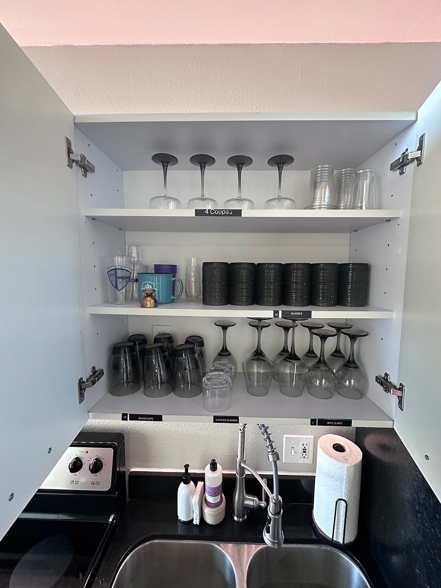 All drinkware supplied featuring water glasses, wine glasses, champagne coups and rocks glasses