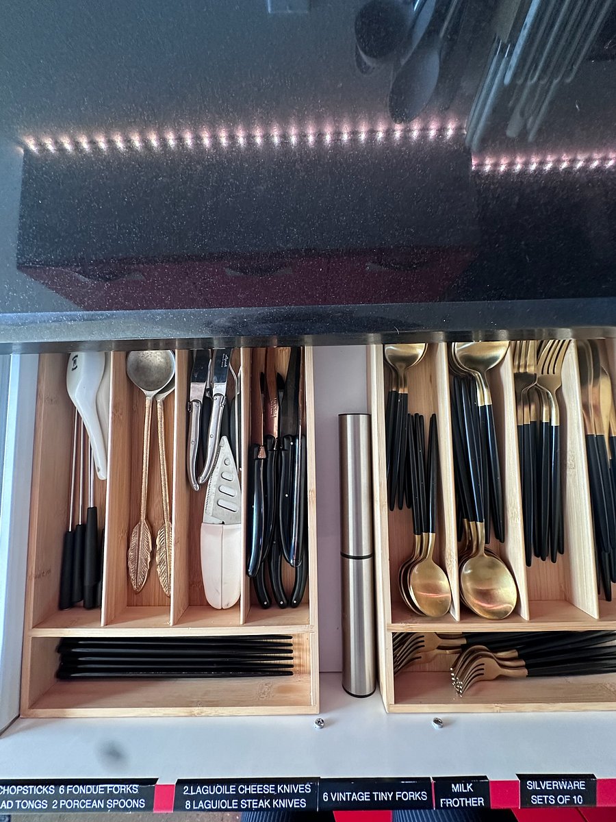 Full silverware set in addition high end Lagoulie steak knives, fondue forks, ramen spoons, cheese knives