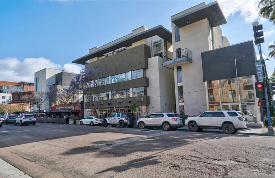 Outside front of the Waterfront complex. Security access door is shown in the walkway between the two kitchen design stores.