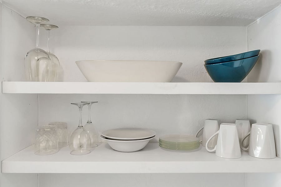 Open shelving for extra wine glasses and bowls