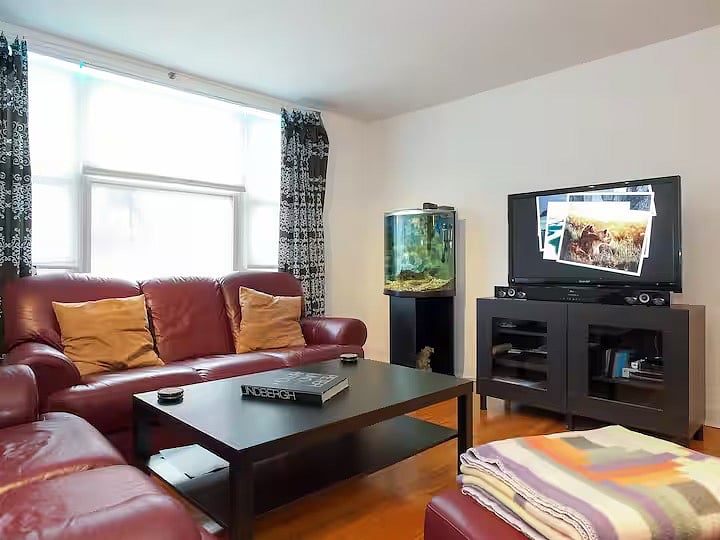 Living room features large TV with streaming programming via AppleTV/Fire Stick