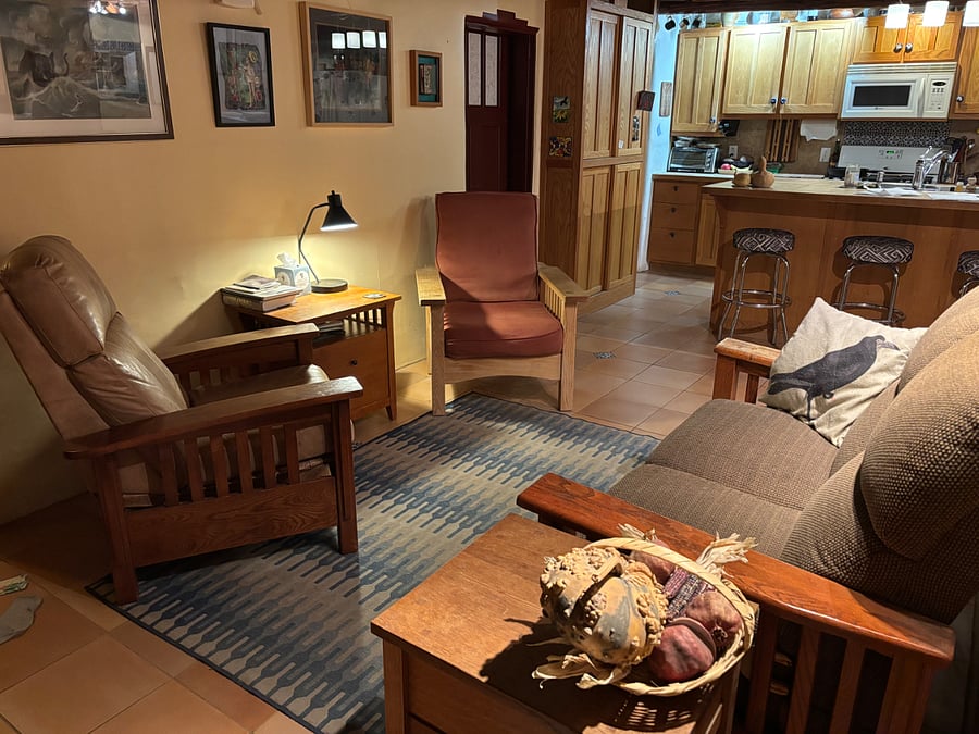 Sitting room foreground; kitchen background