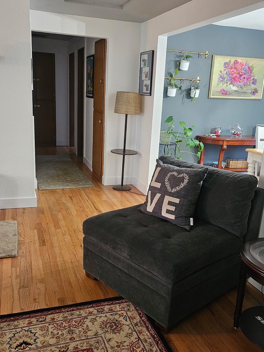 Living room looking into hallway towards bedroom, office space & bathroom 