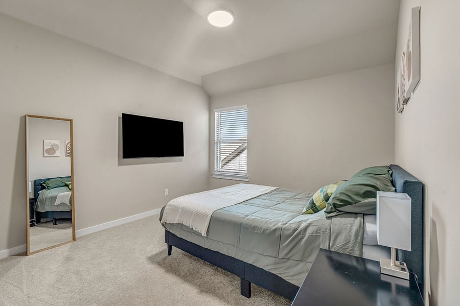 Guest Bedroom 3 (upstairs) features a queen size bed, dresser, walk in closet, and 55" smart tv