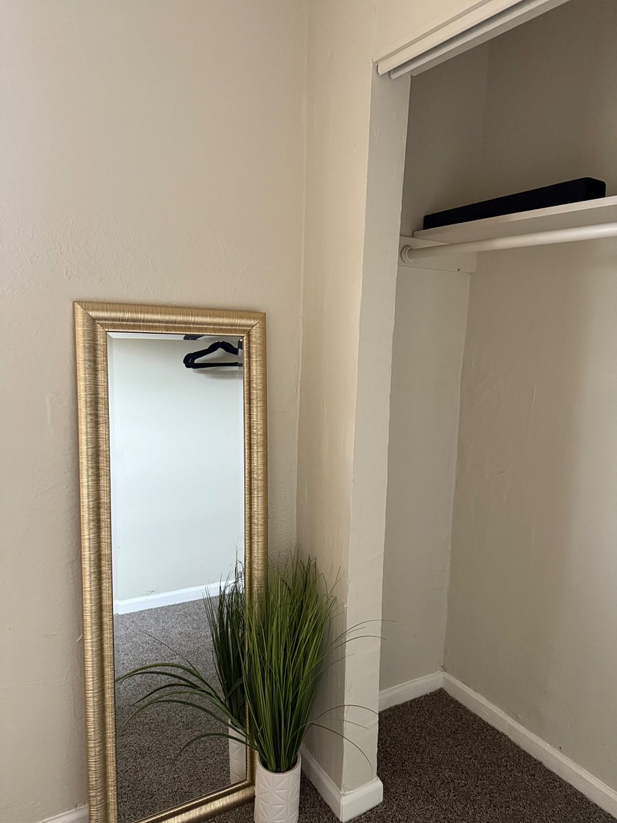 Master bedroom mirror, sound bar, hangers in roomy closet
