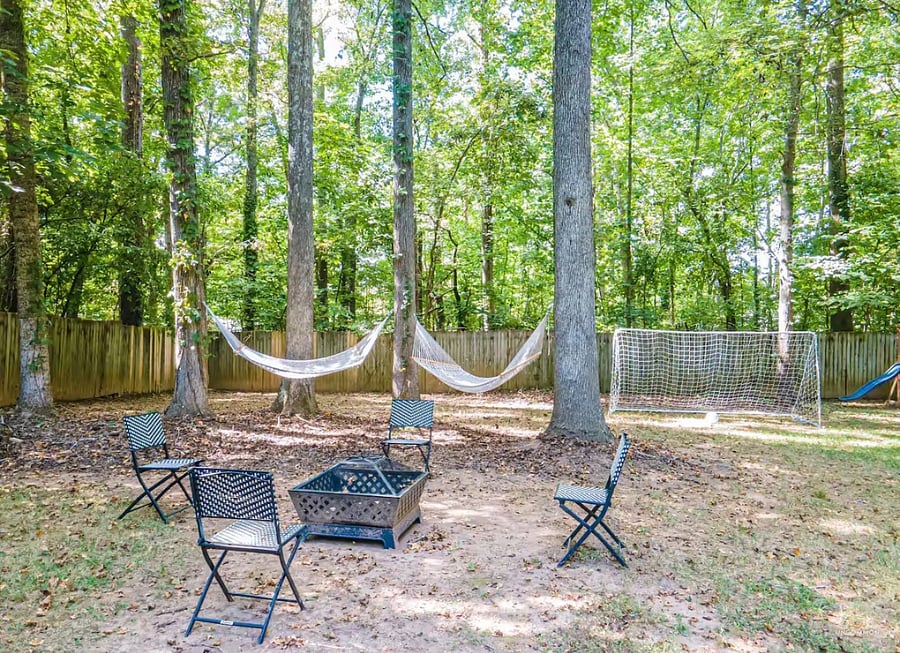 Fire pit, hammocks, soccer goal, volleyball net