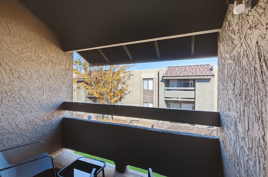 Covered balcony with seating
